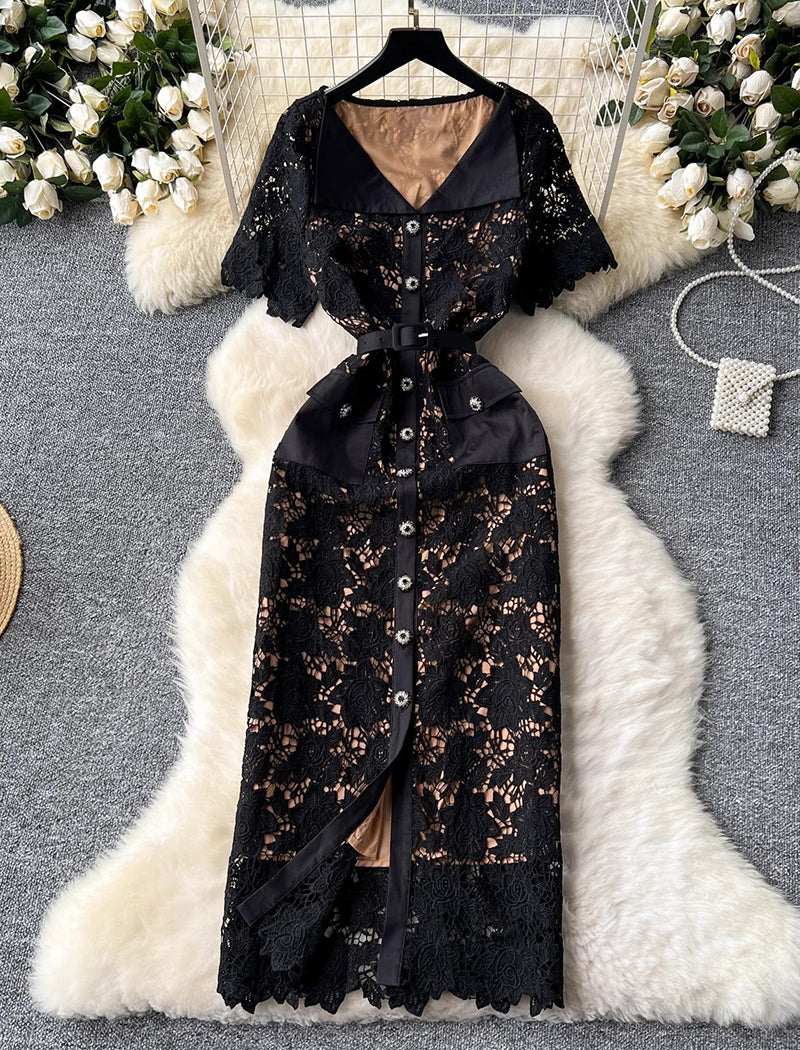 Button-Up Lace Cutout Maxi Dress