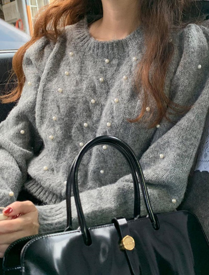 Crew Neck Knit Pearl Sweater