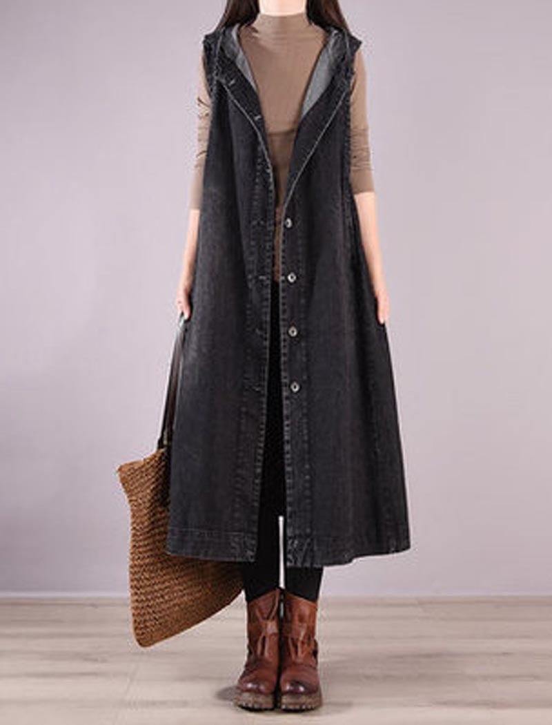 Sleeveless Button-Up Long Denim Vest