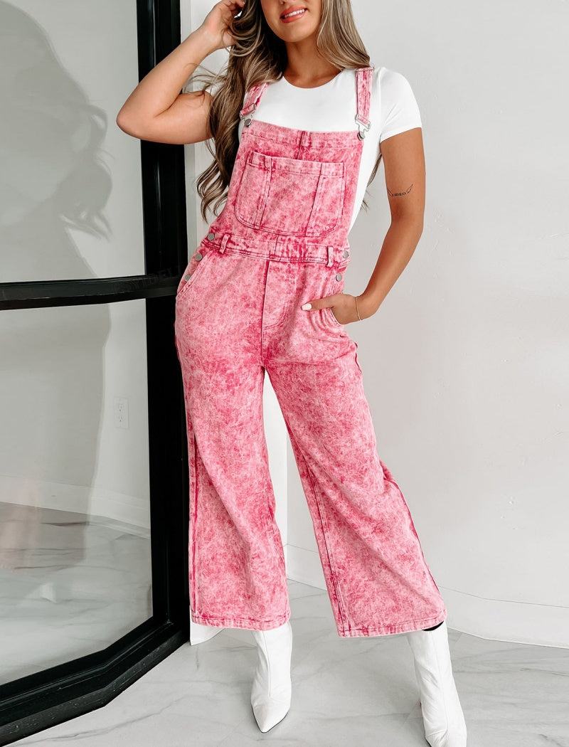 Wash Effect Wide-Leg Overalls