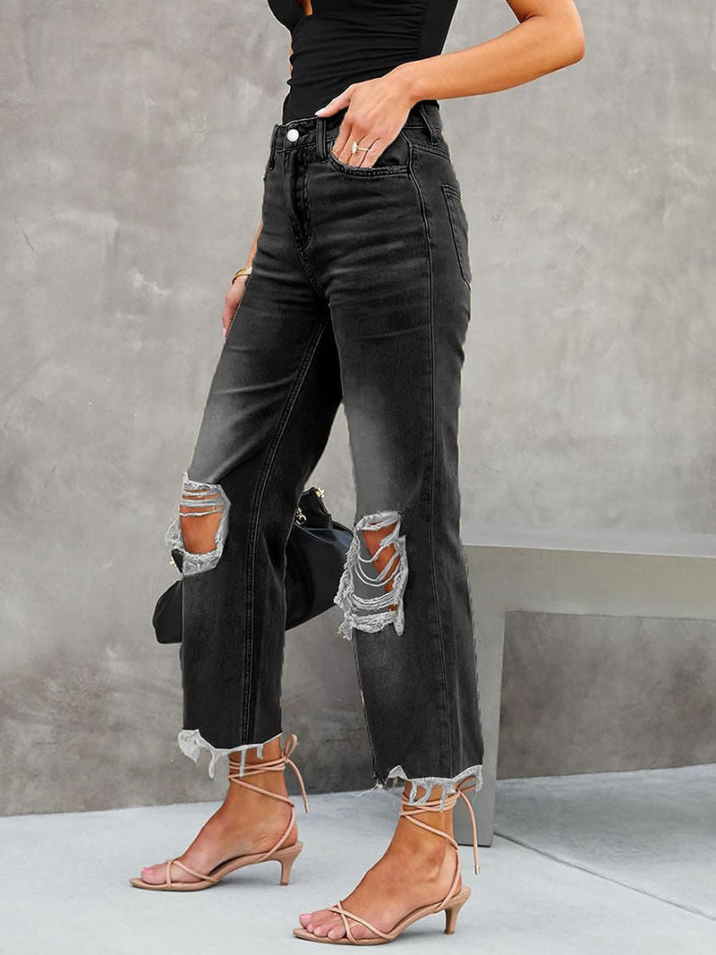 High-Waisted Distressed Jeans