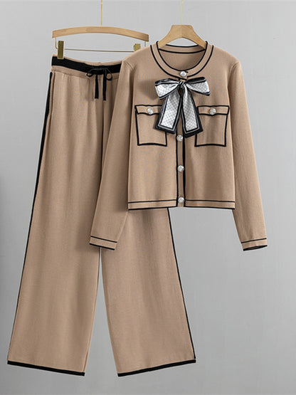 Bow Cardigan and Wide-Leg Pants Set