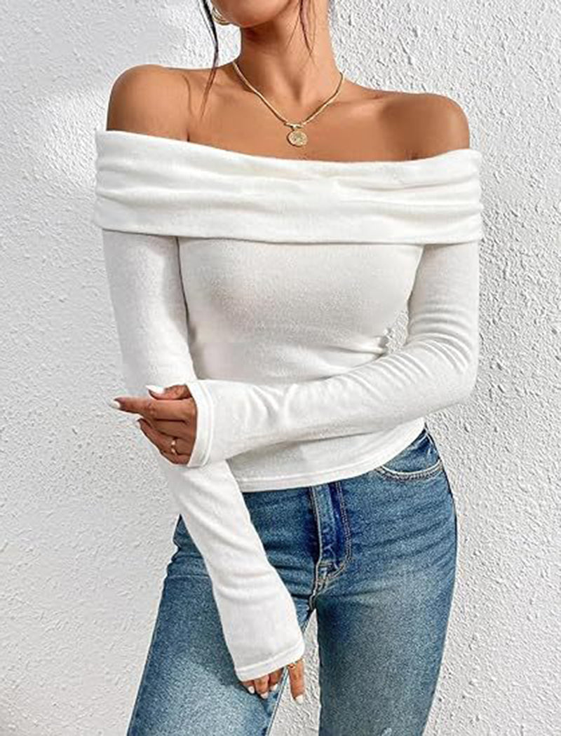 Off-Shoulder Long Sleeve Slim Fit Top