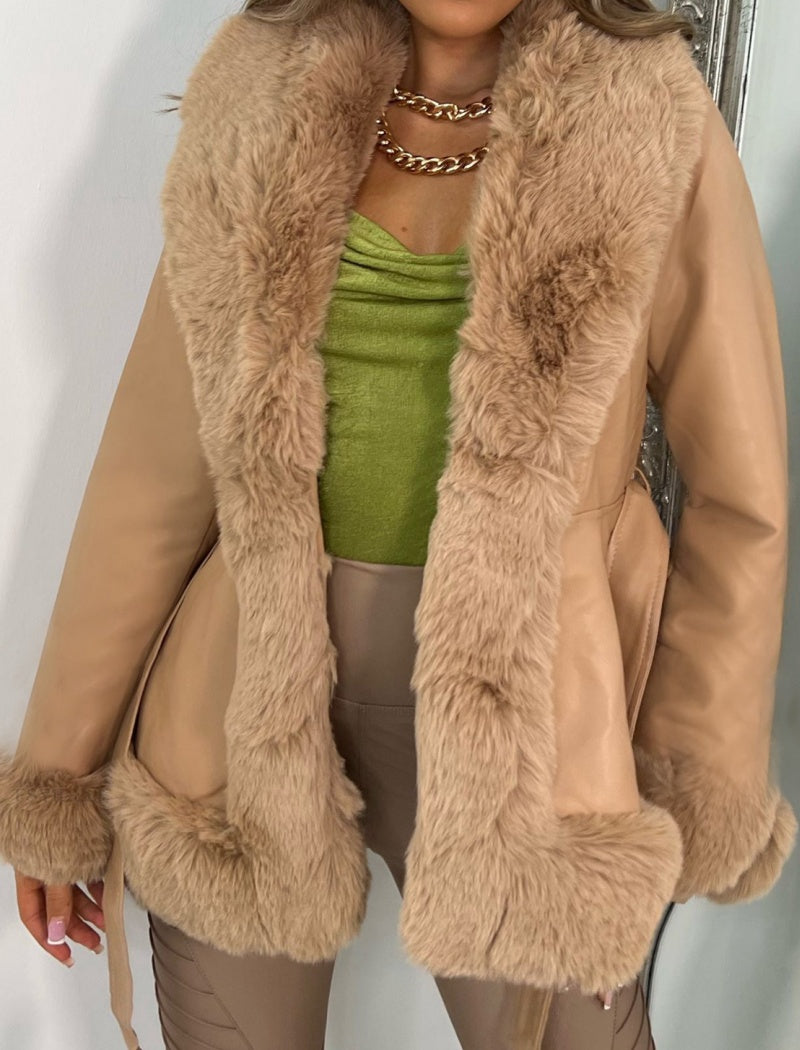 Faux Fur Trim Belted Jacket