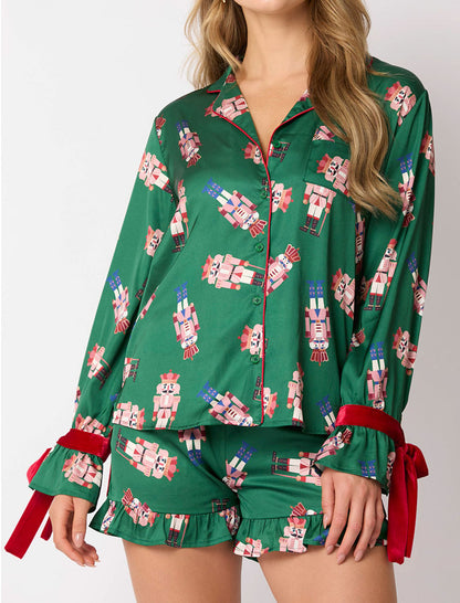 Long Sleeve Satin Top and Shorts Pajama Set