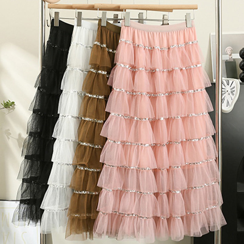 Layered Ruffle Tulle Midi Skirt