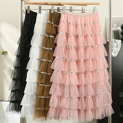 Layered Ruffle Tulle Midi Skirt