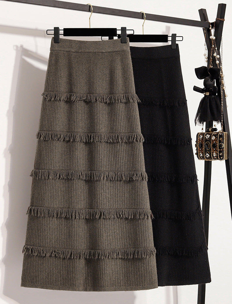 Tiered Fringe Detail Knit Skirt