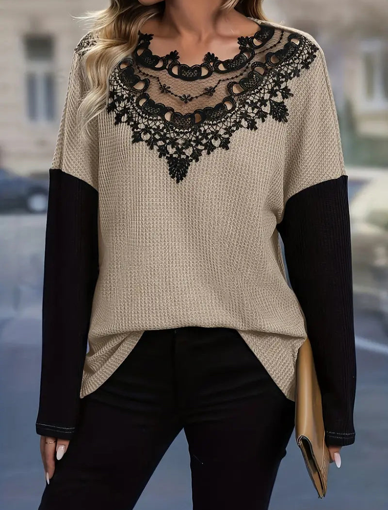 Lace-Panel Cutout Loose Long Sleeve Top