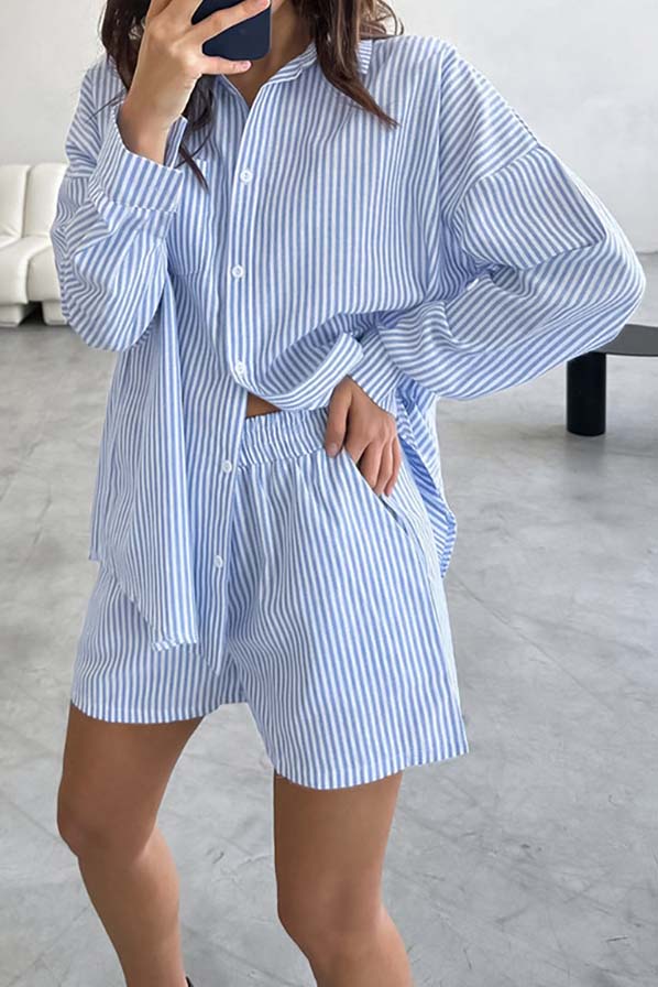 Striped Button-Up Shirt and Shorts Set