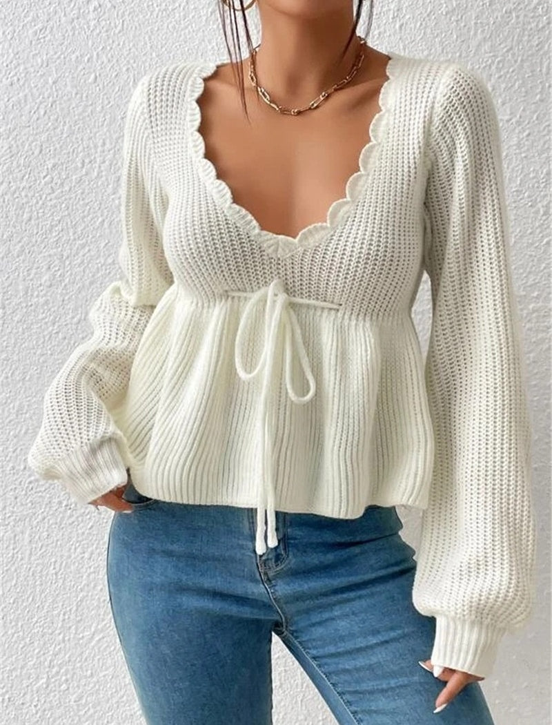 Loose V-Neck Tie Front Ruffle Knit Top