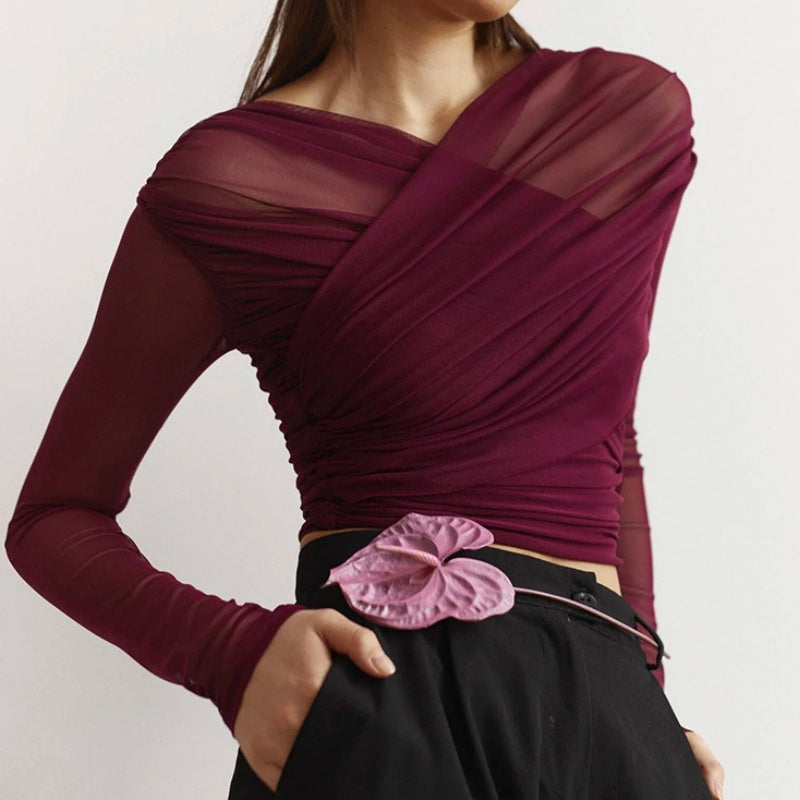 Draped Mesh Long Sleeve Top