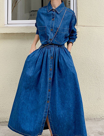 Long Button-Up Denim Dress