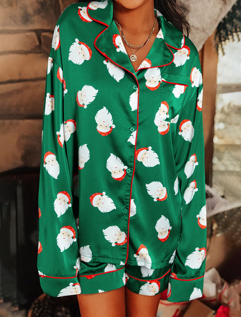 Santa Claus Print Top and Shorts Pajama Set