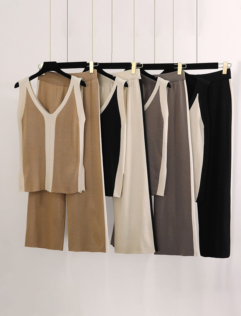 V-Neck Knit Top and Color-Block Wide-Leg Pants Set