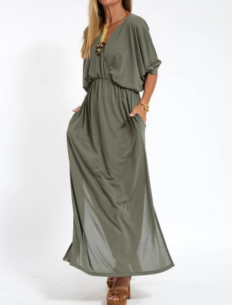 V-Neck Batwing Sleeve Maxi Dress with Pockets