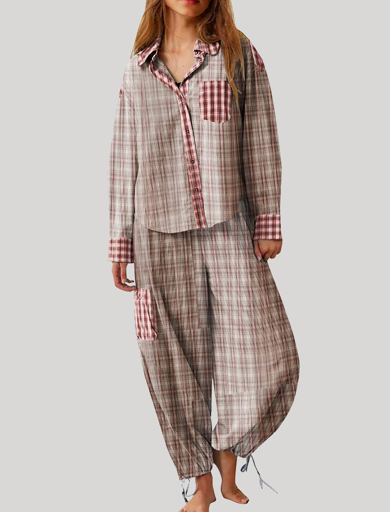 Plaid Shirt and Pants Pajama Set