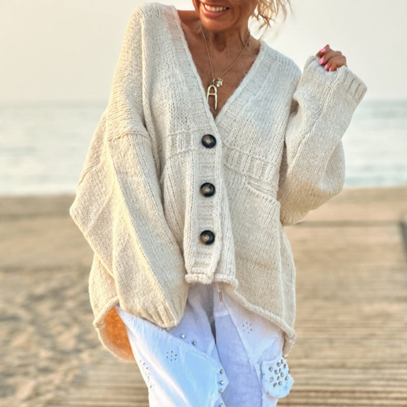 Button-Up Knit Cardigan with Front Pockets