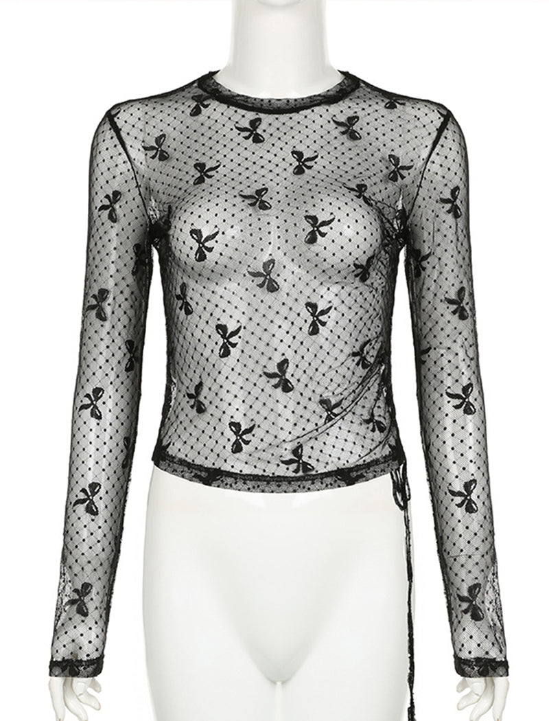 Sheer Mesh Long-Sleeve Top with Bow Design