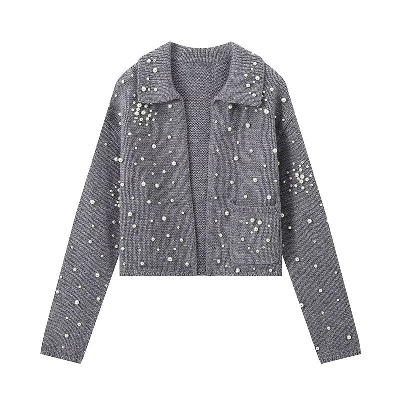 Pearl Detail Collared Long Sleeve Knit Coat