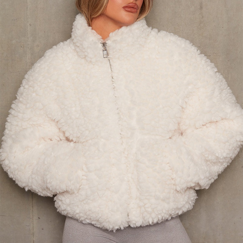 Cropped Faux Shearling Zip-Up Jacket