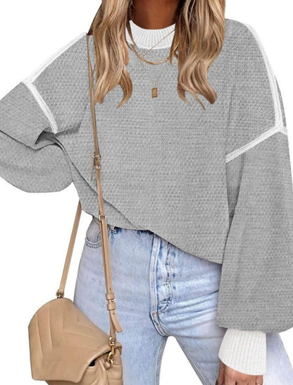 Oversized Waffle Knit Sweater with Contrast Stitching