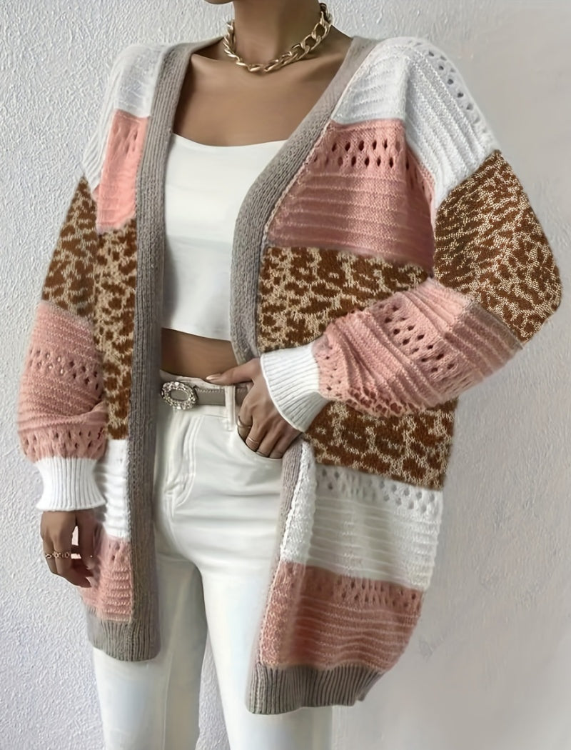 Striped Patchwork Knit Cardigan with Open Front