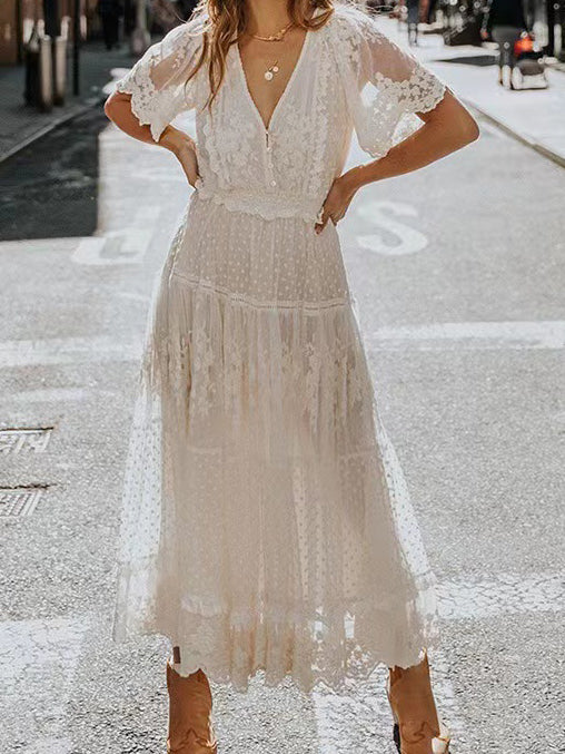 V-Neck Short Sleeve Lace Dress