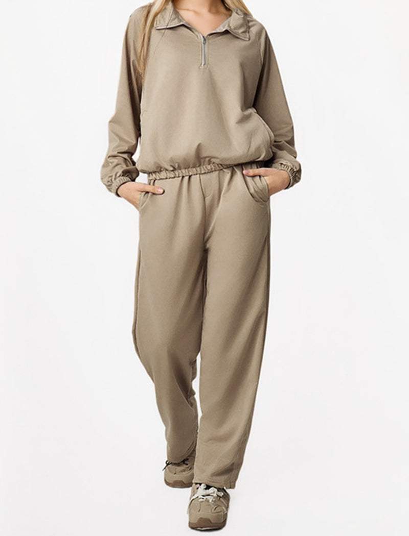 Casual Collared Zip-Up Long Sleeve Top and Pants Set