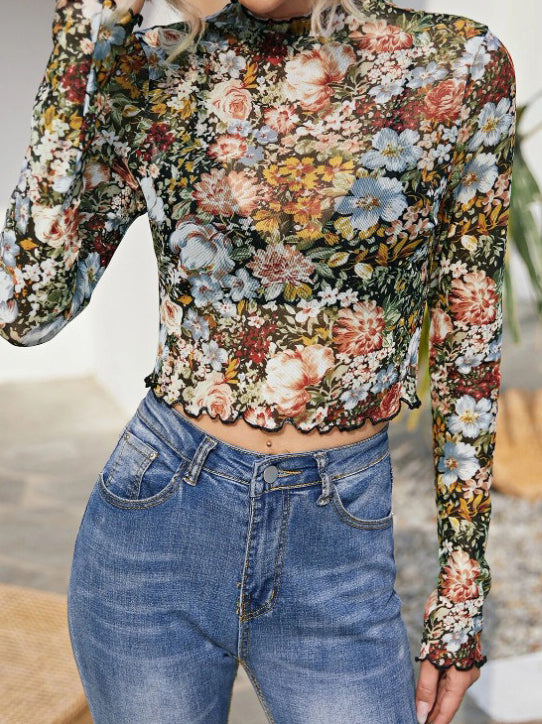 Floral Mesh Mock Neck Top