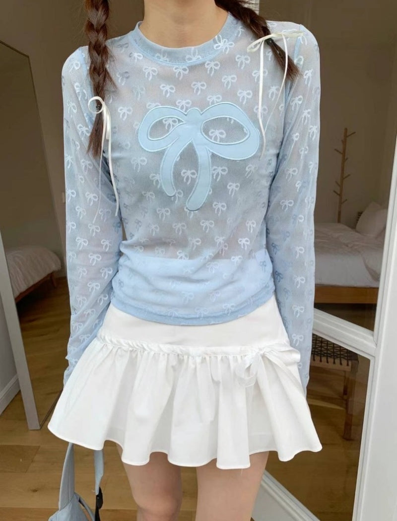 Bow Accent Sheer Long Sleeve Top