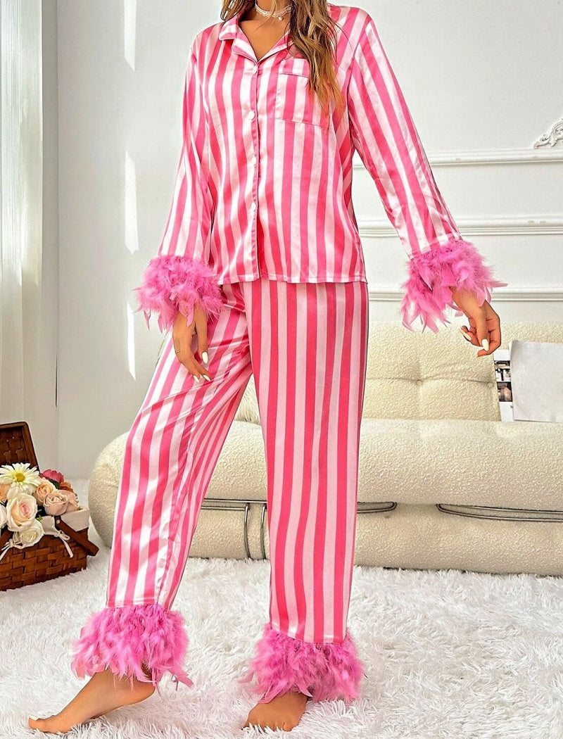 Striped Pajama Set with Feather Trim