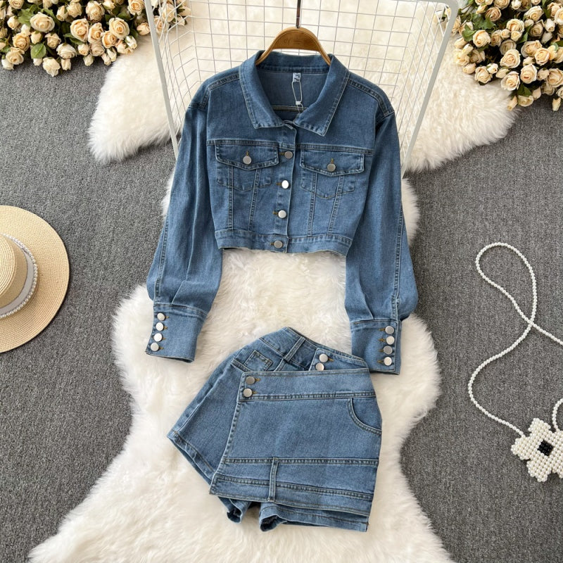 Cropped Denim Jacket and High-Rise Shorts Set