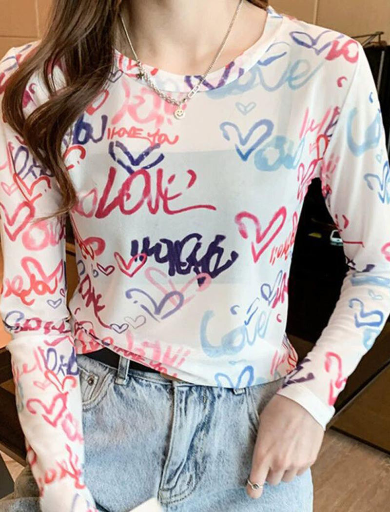 Graffiti Print Long Sleeve Mesh Tee