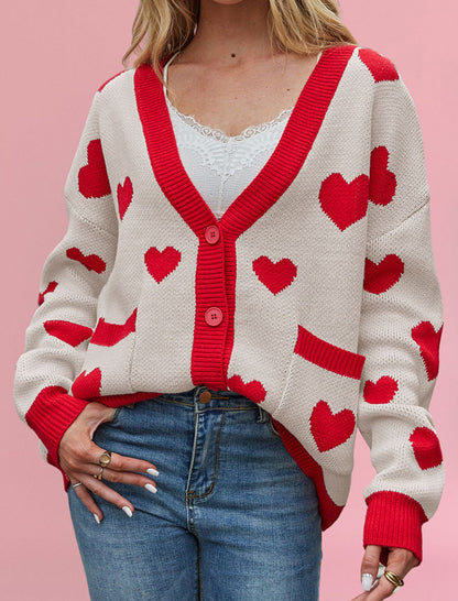 Button-Up Cardigan with Heart Accents