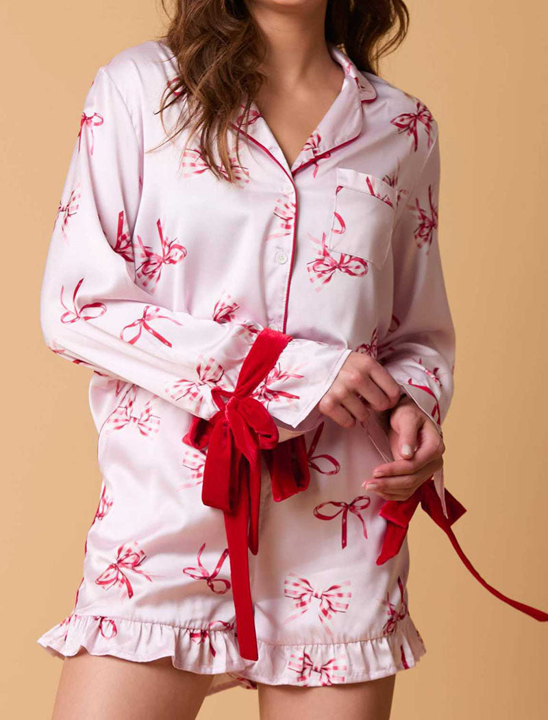 Bow-Tie Satin Long-Sleeve Top and Shorts Pajama Set