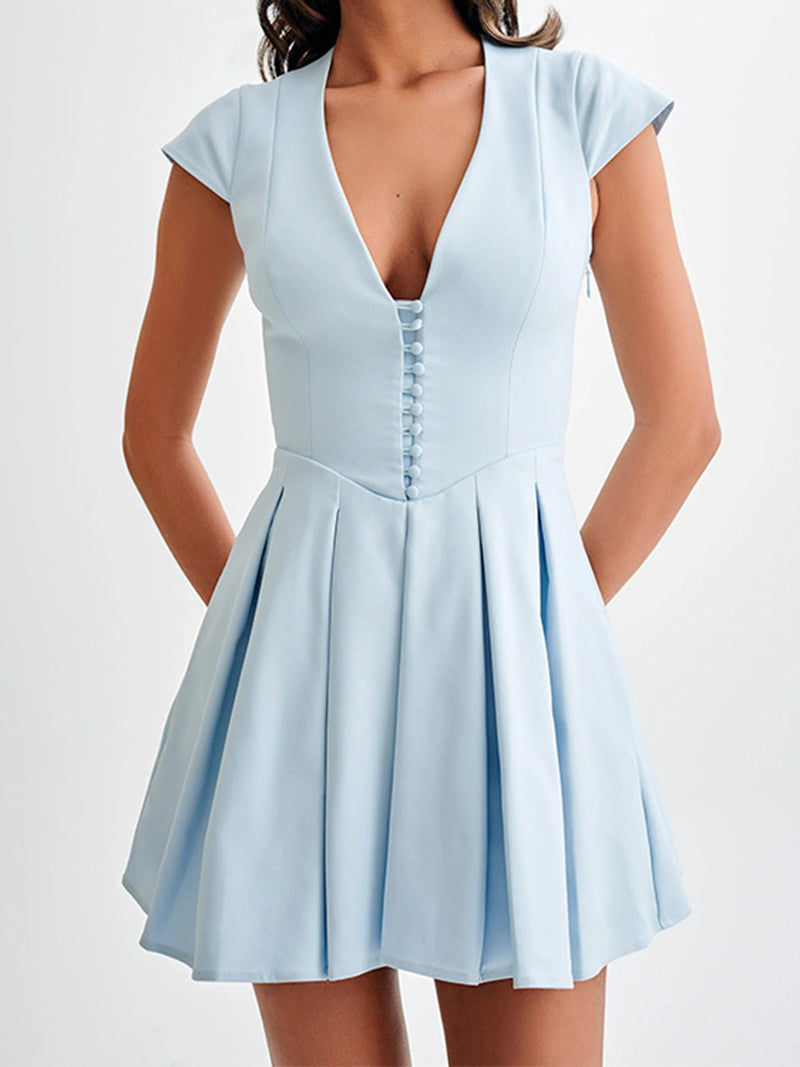 Solid Pleated Smocked Mini Dress