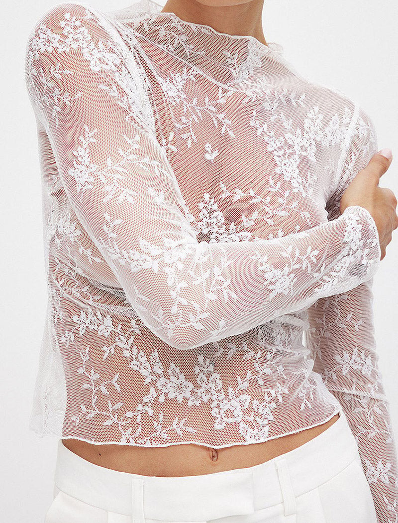 Sheer Floral Lace Long Sleeve Top