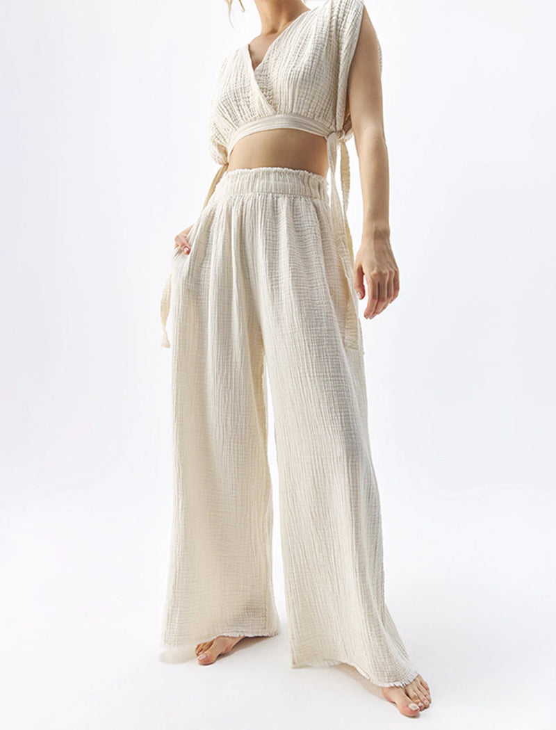 High-Waist Wide-Leg Textured Pants