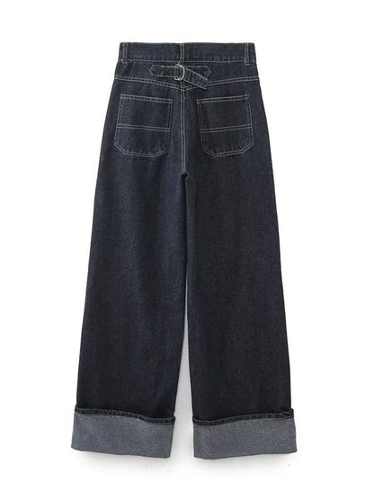 Wide-Leg Denim Pants with Cuffed Hem