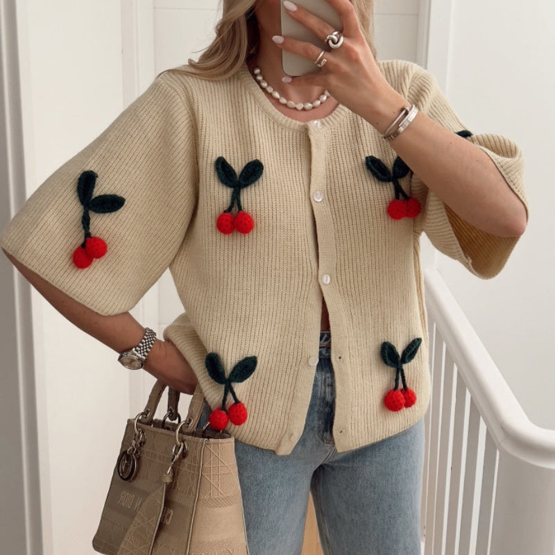 V-Neck Cherry Decor Knit Cardigan