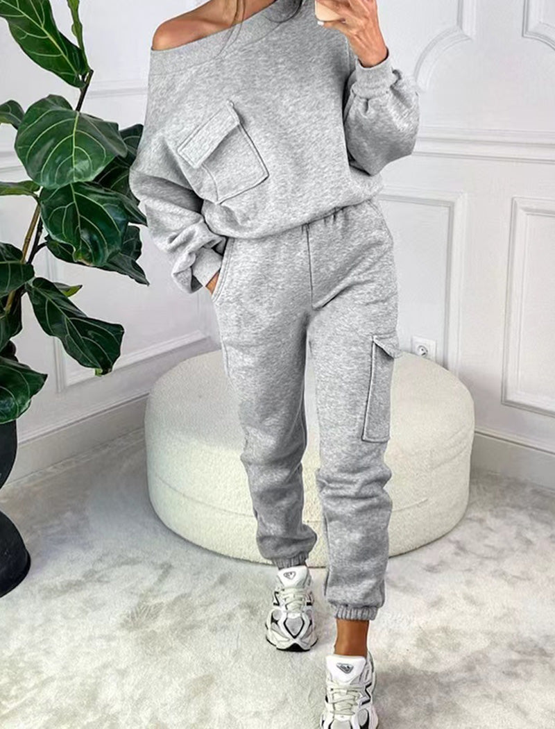 Casual Grey Pocketed Top and Pants Set