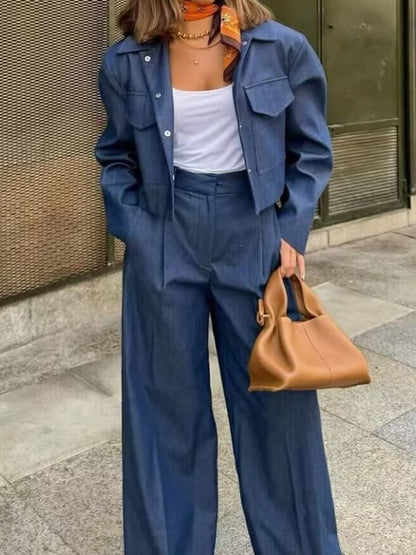 Solid Jacket and Wide-Leg Pants Set