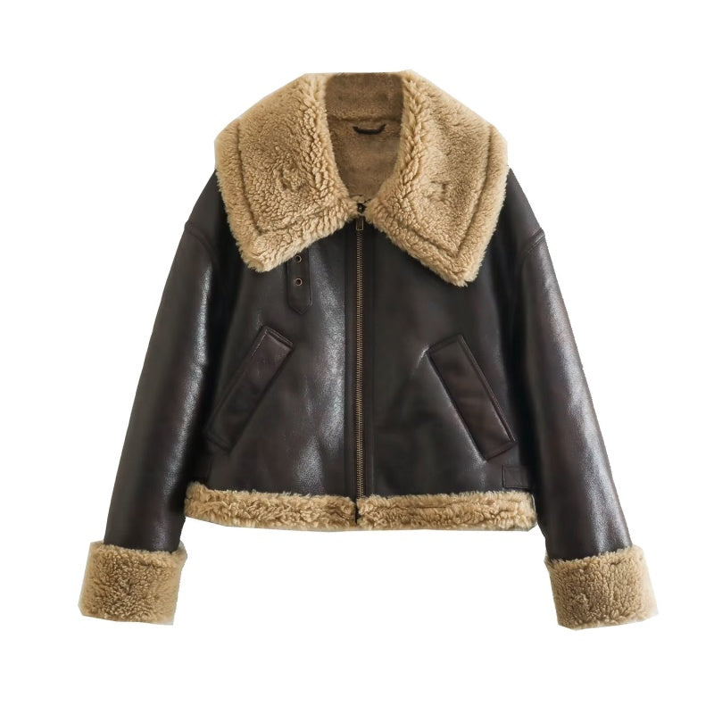 Faux Shearling Collar Zip-Up Jacket