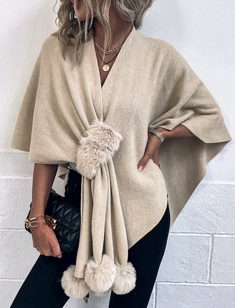 Pom-Pom Trimmed Wrap Poncho