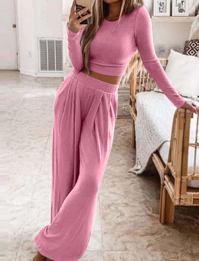 Ribbed Two-Piece Crop Top and Wide Pants Set