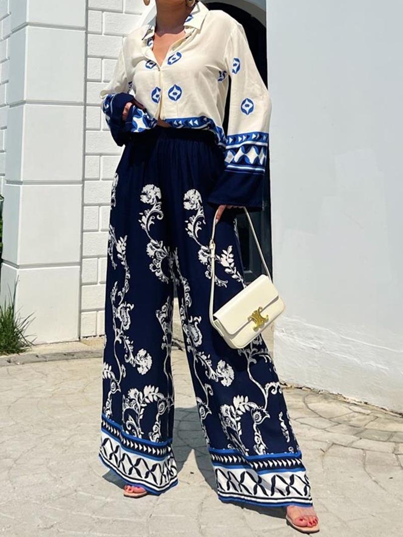 Graphic Button-Up Shirt and Wide-Leg Pants Set