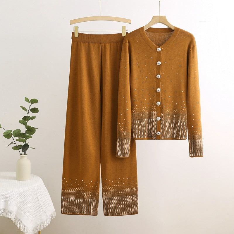 Button-Down Knit Set with Embellished Detail