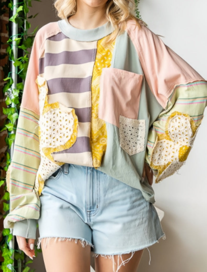 Floral Loose Colorblock Bubble Sleeve Top