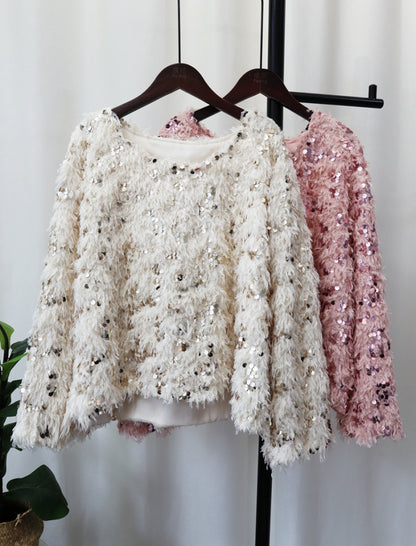 Sequin Fringe Sweater with Balloon Sleeves